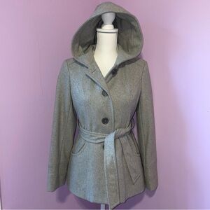Jason Kole Hooded Peacoat Women PXS Waist Tie Wool Blend Neutral Preppy Normcore
